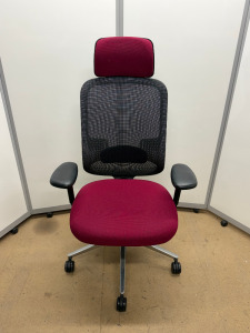 Orangebox Office Swivel Chair with Purple Fabric Seat/Headrest, Mesh Back & Chrome Legs.