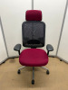 Orangebox Office Swivel Chair with Purple Fabric Seat/Headrest, Mesh Back & Chrome Legs.