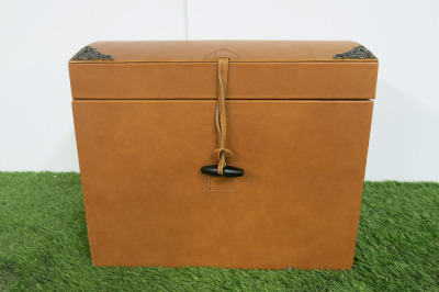 The East India Company Brown Leather Keepsake Trunk, with Decorative Interior. Size H28 x W33 x D23cm.