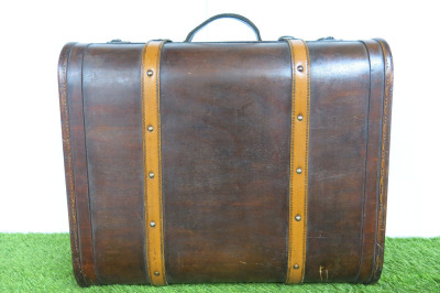 Stained Wood Briefcase with Brown Leather & Brass Hardware. Size H40 x W49 x D22cm.