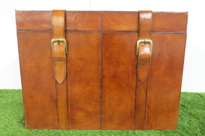 Brown Leather Trunk with Brass Buckles. Size H39 x W50 x D39.