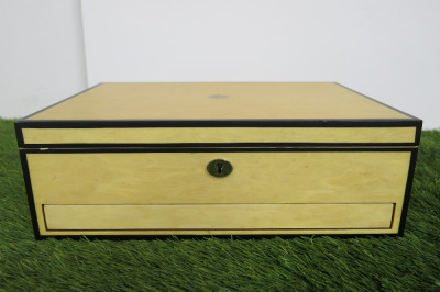 The East India Company Light Wood Coin Chest with Key, Purple Velvet Lined Interior, Exterior Drawer & 2 x Light Wood & Purple Velvet Lined Trays. Comes with Original Box. NOTE: coin not included.