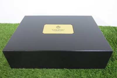 The East India Company Black Wood Storage Box with Gold Plaque & Black Velvet Interior. Size H10 x W39 x D29cm.