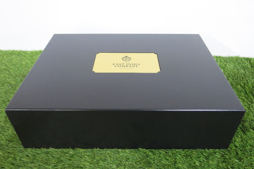 The East India Company Black Wood Storage Box with Gold Plaque & Black Velvet Interior. Size H10 x W39 x D29cm.