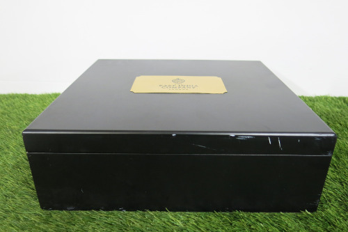 The East India Company Black Wood Storage Box with Gold Plaque & Black Velvet Interior. Size H10 x W32 x D31cm.