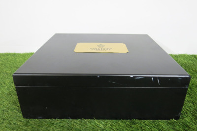 The East India Company Black Wood Storage Box with Gold Plaque & Black Velvet Interior. Size H10 x W32 x D31cm.