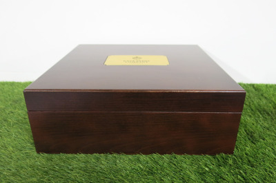 The East India Company Remarkable Connection Stained Wood Storage Box with Gold Plaque & Black Velvet Interior. Size H12 x W34 x D34cm.