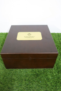 The East India Company Remarkable Connection Stained Wood Storage Box with Gold Plaque & Black Velvet Interior. Size H12 x W25 x D27cm.