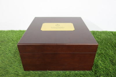 The East India Company Remarkable Connection Stained Wood Storage Box with Gold Plaque & Black Velvet Interior. Size H12 x W25 x D27cm.