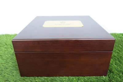 The East India Company Remarkable Connection Stained Wood Storage Box with Gold Plaque & 9 Section Black Velvet Interior. Size H12 x W25 x D27cm.
