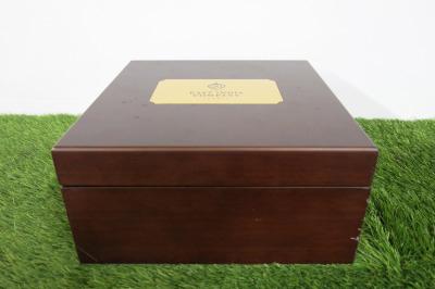 The East India Company Remarkable Connection Stained Wood Storage Box with Gold Plaque & 3 Section Black Velvet Interior. Size H12 x W25 x D27cm.