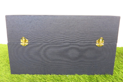 The East India Company Navy Fabric Storage Box with Navy Satin Fabric Interior. Size H22 x W38 x D34cm.