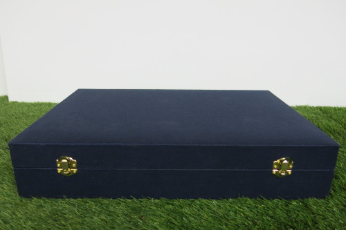 The East India Company Navy Fabric Storage Box with Navy Satin Fabric Interior. Size H8 x W42 x D29cm.