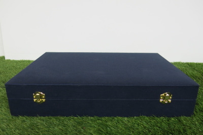 The East India Company Navy Fabric Storage Box with Navy Satin Fabric Interior. Size H8 x W42 x D29cm.
