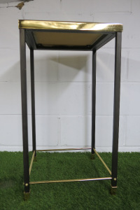 Square Side Table with Black Legs, Gold Hardware & Cream Fabric Top.