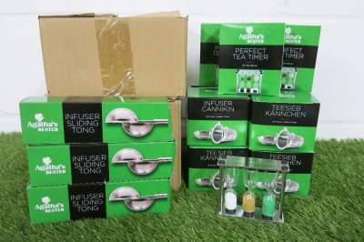 Lot of Tea Making Equipment to Include: 20 x Stainless Steel Infuser Sliding Tongs, 8 x Stainless Steel Infuser Cannikins & 4 x Stainless Steel Perfect Tea Timers.