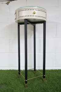 Cream Circular Side Table with Glass Top, Black Legs & Gold Hardware.