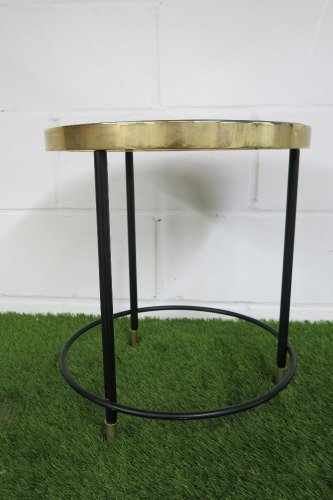 Short Circular Side Table with Glass Top, Black Legs & Gold Hardware.
