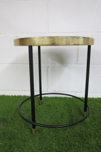 Short Circular Side Table with Glass Top, Black Legs & Gold Hardware.