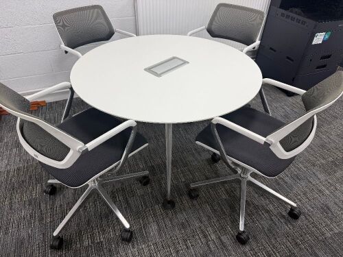 Orangebox Round Meeting Table & 4 x Steelcase Chairs to Include: 4 x Steelcase 57400-Sarrebourg Grey & White Mesh Back Swivel Chairs & White Round Table with Centre Power Unit. Table Dia 120cm.