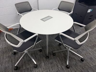 Orangebox Round Meeting Table & 4 x Steelcase Chairs to Include: 4 x Steelcase 57400-Sarrebourg Grey & White Mesh Back Swivel Chairs & White Round Table with Centre Power Unit. Table Dia 120cm.