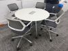 Orangebox Round Meeting Table & 4 x Steelcase Chairs to Include: 4 x Steelcase 57400-Sarrebourg Grey & White Mesh Back Swivel Chairs & White Round Table with Centre Power Unit. Table Dia 120cm. - 2