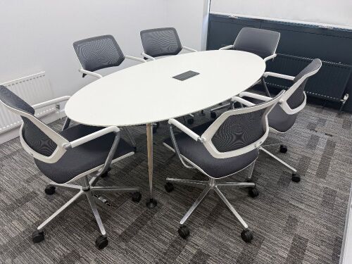 Orangebox Oval Meeting Table & 6 x Steelcase Chairs to Include: 6 x Steelcase 57400-Sarrebourg Grey & White Mesh Back Swivel Chairs & Oval Table with Centre Power Unit. Table 200 x 100cm.