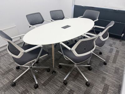Orangebox Oval Meeting Table & 6 x Steelcase Chairs to Include: 6 x Steelcase 57400-Sarrebourg Grey & White Mesh Back Swivel Chairs & Oval Table with Centre Power Unit. Table 200 x 100cm.