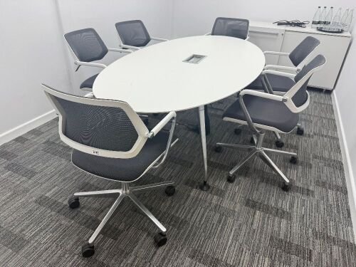 Orangebox Oval Meeting Table & 6 x Steelcase Chairs to Include: 6 x Steelcase 57400-Sarrebourg Grey & White Mesh Back Swivel Chairs & Oval Table with Centre Power Unit. Table 240 x 120cm.