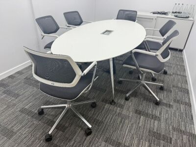Orangebox Oval Meeting Table & 6 x Steelcase Chairs to Include: 6 x Steelcase 57400-Sarrebourg Grey & White Mesh Back Swivel Chairs & Oval Table with Centre Power Unit. Table 240 x 120cm.