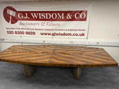 Large Boardroom/Dining Table in Veneer Walnut Finish on Twin Stone Effect Pedestal. Table Top Measurements: 300 x 107 x 7cm.