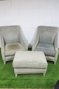 Pair of Vintage Patterned Armchairs with Footstall in Pale Blue & Silver/Gold Pattern.