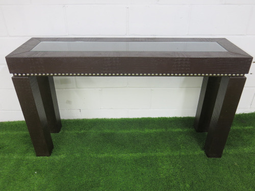 Crocodile Effect Brown Leather Console Table with Glass Insert and Stud Detail, Size H80 x W140 x D40cm.