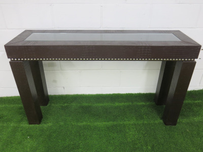Crocodile Effect Brown Leather Console Table with Glass Insert and Stud Detail, Size H80 x W140 x D40cm.