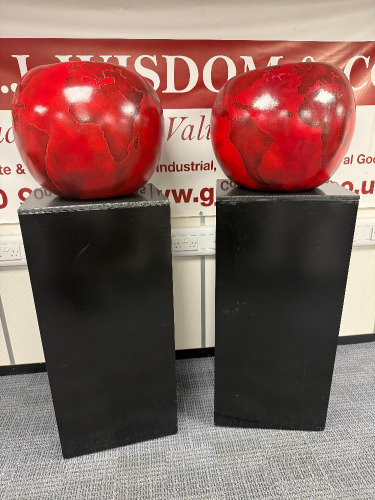 Pair of Statement Apples on Plinths, Standing 1.7m Tall, Each Apple is approx 50cm in Diameter. Painted Steel.