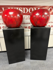 Pair of Statement Apples on Plinths, Standing 1.7m Tall, Each Apple is approx 50cm in Diameter. Painted Steel.
