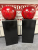 Pair of Statement Apples on Plinths, Standing 1.7m Tall, Each Apple is approx 50cm in Diameter. Painted Steel.