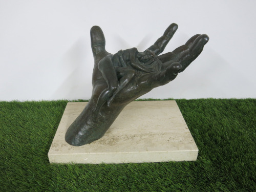 Lorenzo Quinn Contemporary Sculpture "Trust" Resin Plated in Bronze on Travertine Marble Plinth, Depicts a Human Figure Lying Asleep in an Open Hand. Limited Edition 410/999-US