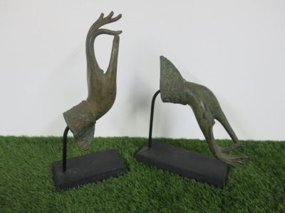 Pair of Bronze Budda Hand Sculptures on Wooden Base.