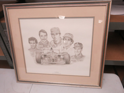 Print of a Pencil Drawing of Formula 1 Car & Drivers - Alan Prost, Nigel Mansell, Damon Hill, Ayton Senna & Michael Schumacher. Mounted, Framed & Glazed. 59cm x 52cm.