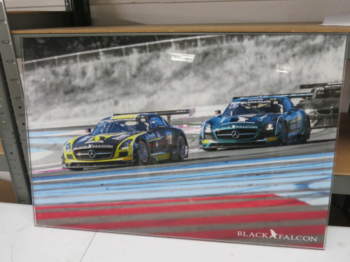 Perspex Image of 2 x Black Falcon Mercedes AMG Racing Cars.