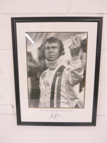 "Racing is Life" Print of Steve McQueen. Mounted, Framed & Glazed. Size 59 x 77cm.