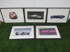 Set of 5 Mounted, Framed & Glazed Prints of Super Cars to Include: Ferrari, McLaren, Porsche & Bugatti. Size 53 x 73cm. NOTE: 1 requires reglazing & 1 requires backing.