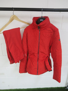 Poivre Blanc Ladies Ski Jacket in Red with Belt, Size S & Ladies Ski Trousers, Size 10. NOTE: repair to jacket (As Viewed/Pictured).