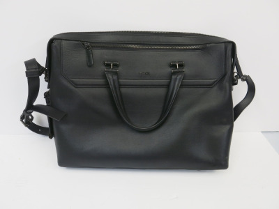 Tumi Black Leather Laptop Carry Case. Monogram OM.