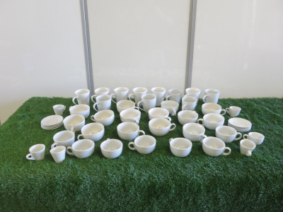 Large Quantity of White Branded, Simply, Olympia Crockery to Include: 11 x Mugs, 26 x Assorted Sized Coffee Cups, 5 x Espresso Cups & 8 x Espresso Saucers.