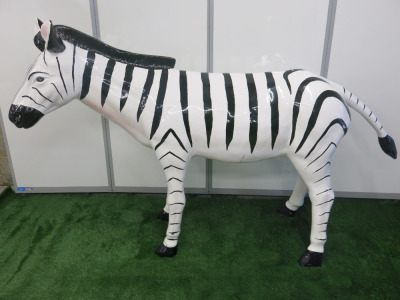 Large Life Size Zebra Fibreglass & Resin Sculpture, Size H120 x W200 x 50cm.