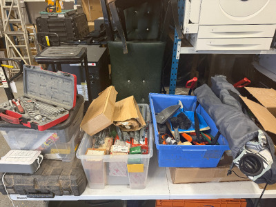 Assorted Lot to Include: 2 x Foldable Carry Chairs, Heater, Spanner Set, Various Screws, Saws, Dust Pans & Brushes etc (As Viewed).