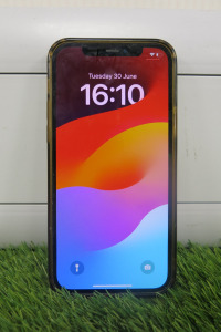 iPhone 12, 128GB Storage, in White with Clear Case.