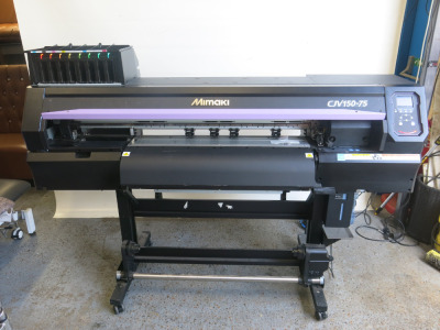 Mimaki Wide Format Print & Cut Vinyl Printer Cutter, Model CJV 150-75, S/N SGPR1046-75, YOM 2022, Hours 2262, Print Area 6673m2, Print Length 668. NOTE: condition as viewed, print head might need replacing.